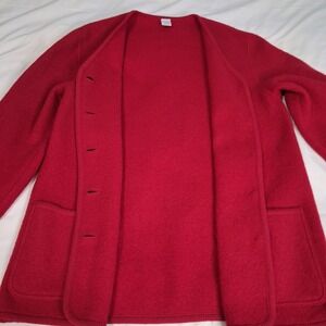 Lands End Womens Sz 6 Red Boiled Wool Sweater Knot Buttons Festive Bold Preppy